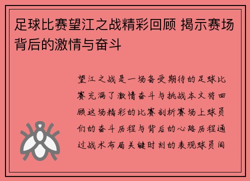 足球比赛望江之战精彩回顾 揭示赛场背后的激情与奋斗