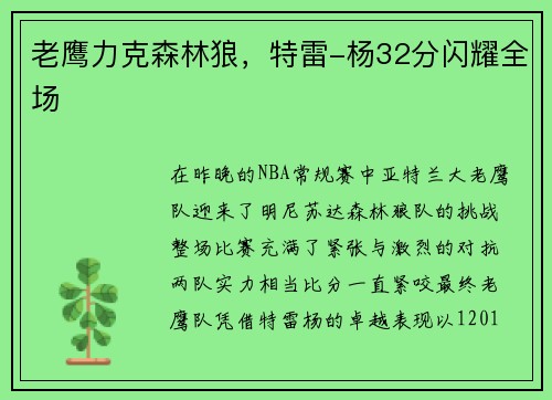 老鹰力克森林狼，特雷-杨32分闪耀全场