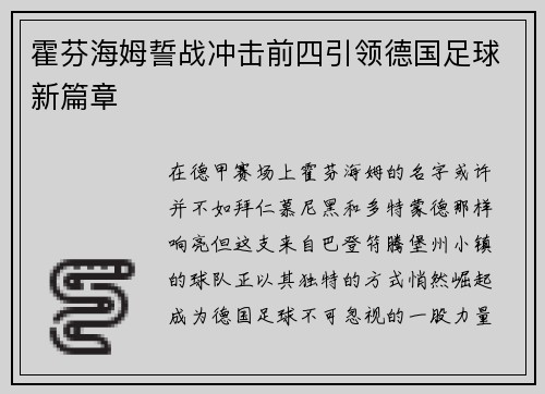 霍芬海姆誓战冲击前四引领德国足球新篇章