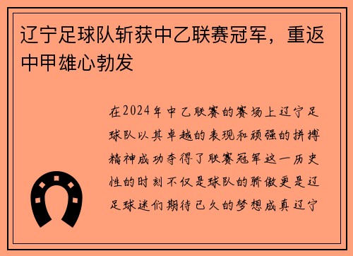 辽宁足球队斩获中乙联赛冠军，重返中甲雄心勃发