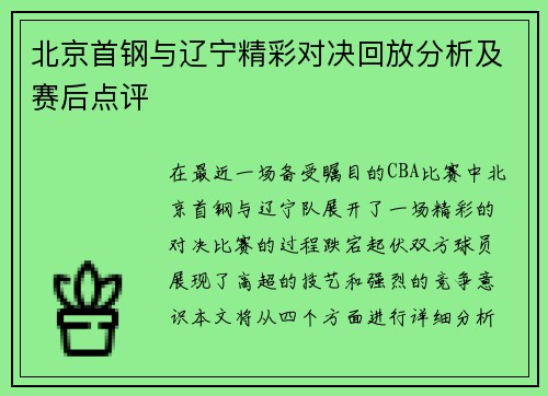 北京首钢与辽宁精彩对决回放分析及赛后点评