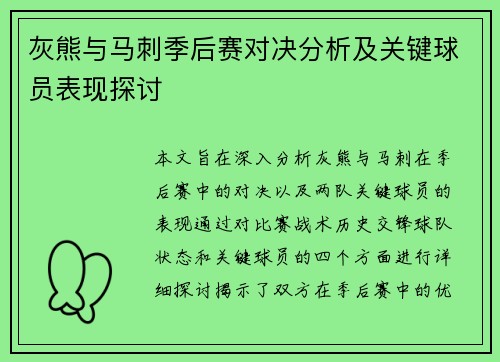 灰熊与马刺季后赛对决分析及关键球员表现探讨