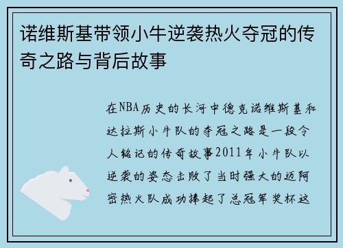 诺维斯基带领小牛逆袭热火夺冠的传奇之路与背后故事