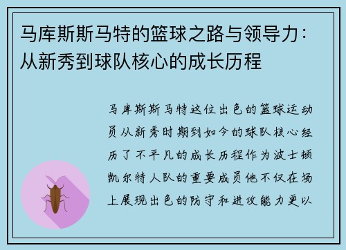 马库斯斯马特的篮球之路与领导力：从新秀到球队核心的成长历程