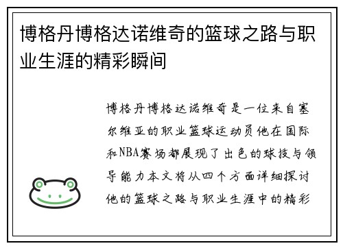 博格丹博格达诺维奇的篮球之路与职业生涯的精彩瞬间