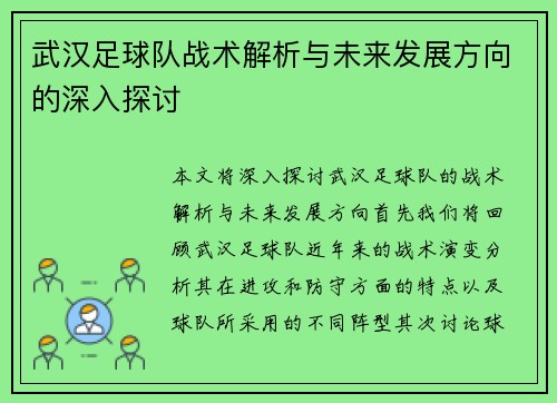 武汉足球队战术解析与未来发展方向的深入探讨