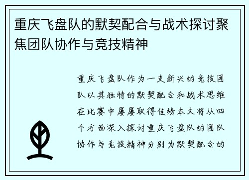 重庆飞盘队的默契配合与战术探讨聚焦团队协作与竞技精神