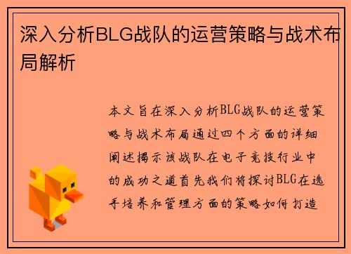 深入分析BLG战队的运营策略与战术布局解析