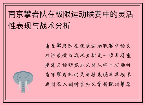 南京攀岩队在极限运动联赛中的灵活性表现与战术分析