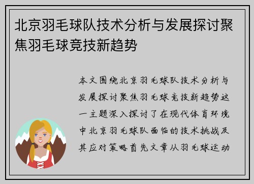 北京羽毛球队技术分析与发展探讨聚焦羽毛球竞技新趋势