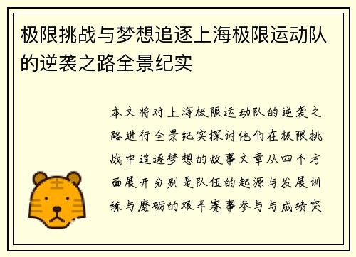 极限挑战与梦想追逐上海极限运动队的逆袭之路全景纪实