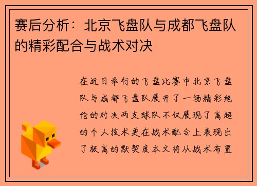 赛后分析：北京飞盘队与成都飞盘队的精彩配合与战术对决